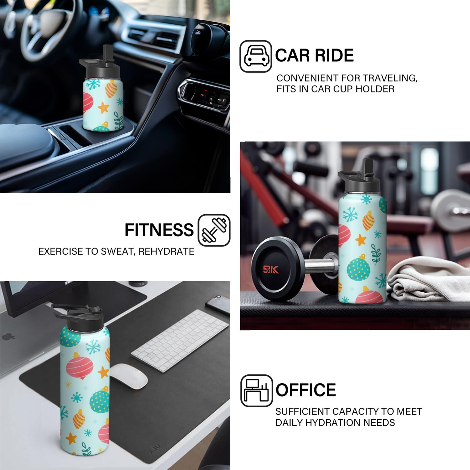Christmas 18 oz Insulated Stainless Steel Water Bottle with Straw & Cleaning Brush , Leakproof, BPA-Free, 304 Stainless Steel, Wide Mouth, Travel Mug for Car, Gym, Office