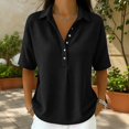 thumbnail image 2 of Womens Summer Tops Waffle Knit Short Sleeve Button Collar Golf Shirts Casual Dressy Trendy Flowy Blouse Women Soft Lightweight Shirts Daily Travel Office Outfits, Black L, 2 of 4