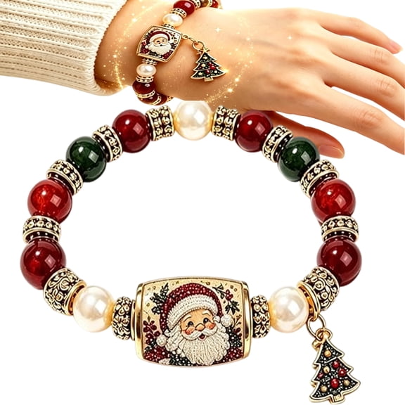 Christmas Magic Collection Bracelet, 2026 Holiday Beaded Stretch Bracelet with Santa Reindeer Tree Stocking Charms for Women