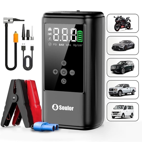 Soulor Jump Starter with Air Compressor, 3000A 12V Jump Box (for 10L Gas or up to 10L Diesel),160PSl Digital Tire Inflatorwith Emergency Light