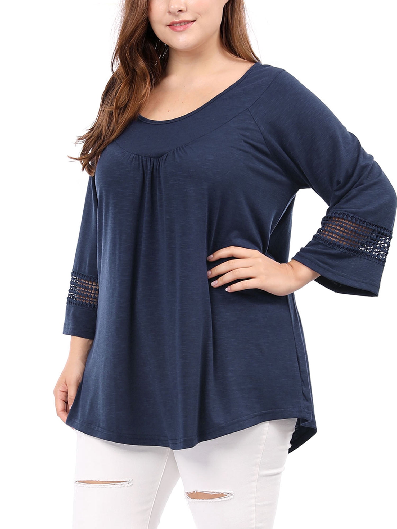 Unique Bargains Juniors' Plus Size Crochet Panel Kimono Raglan Sleeves Ruched Front Top Blue 3X