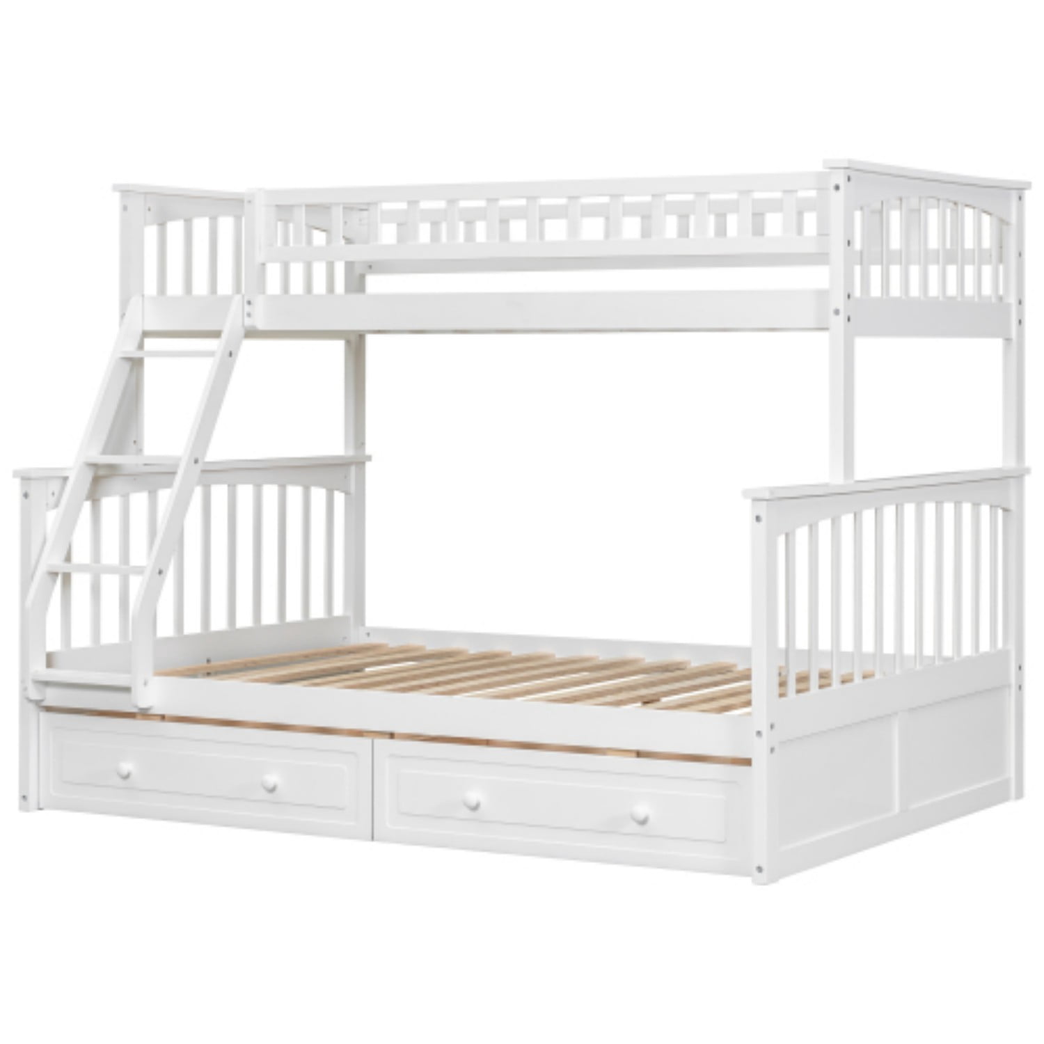 Twin Over Full Bunk Bed with Storage Drawers, Convertible Wood Bunk Bed Frame with Safety Guardrails, Solid Pine Wood Kids Bed for Bedroom, White