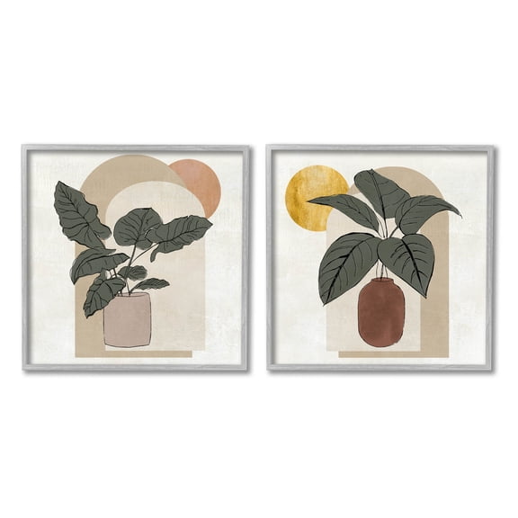 Potted Plant Leaves Geometric Shapes Botanical & Floral Graphic Art Gray Framed Art Print Wall Art, Set of 2