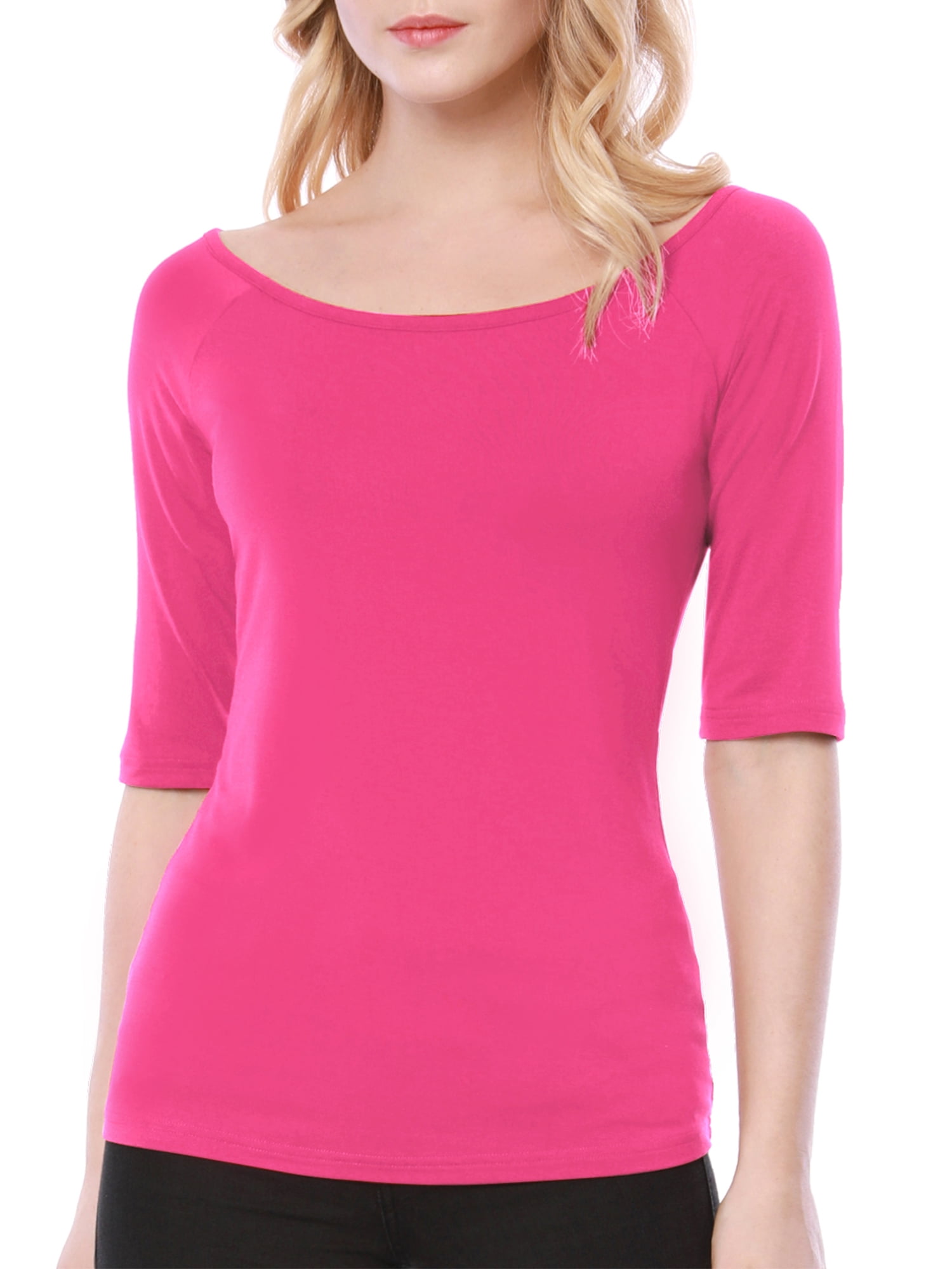 DARING DIVA Women's Slim Fit Pullover Boat Neck Stretchable T-Shirt M Hot Pink