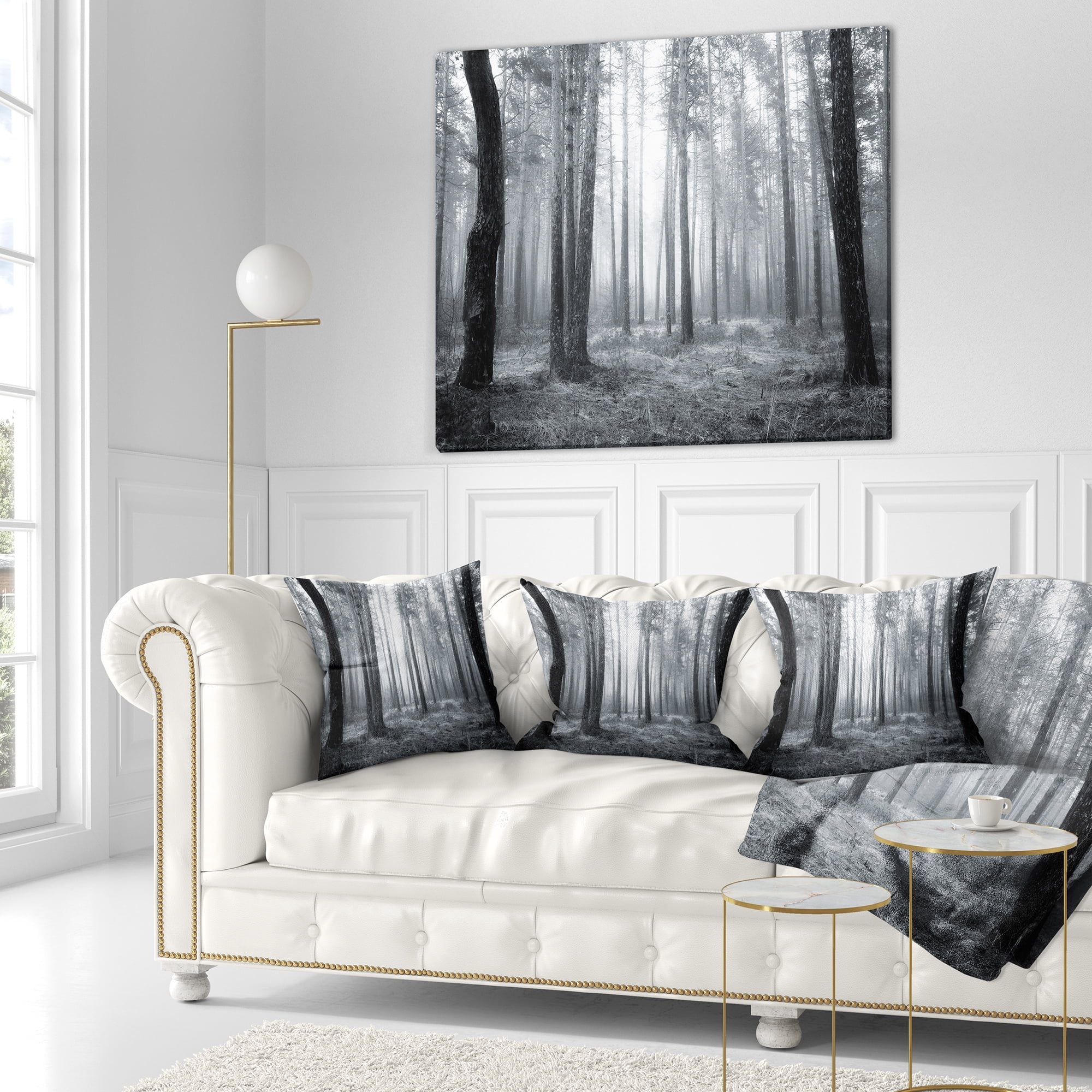 Designart Black and White Foggy Forest - Forest Throw Pillow - 16x16