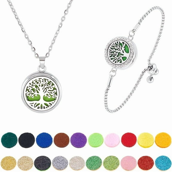 2pcs Essential Oil Diffuser Bracelet Necklace Set Tree of Life Stainless Steel Pendants Charms Adjustable Aromatherapy Locket Jewelry with 20 Random Color Refill Pad for Women Mom Gift