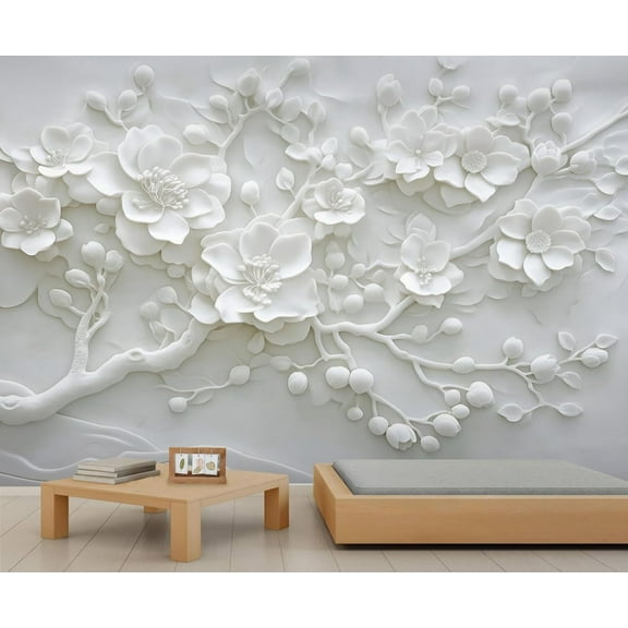 Relief White Flowers 3D Wallpaper, Stereo Floral Branches Photo Wallpaper, Nordic Modern Luxury Art Wall Mural Decoration For Home Decor Living Room Bedroom 55"W x 28"H (Not Peel and Stick)