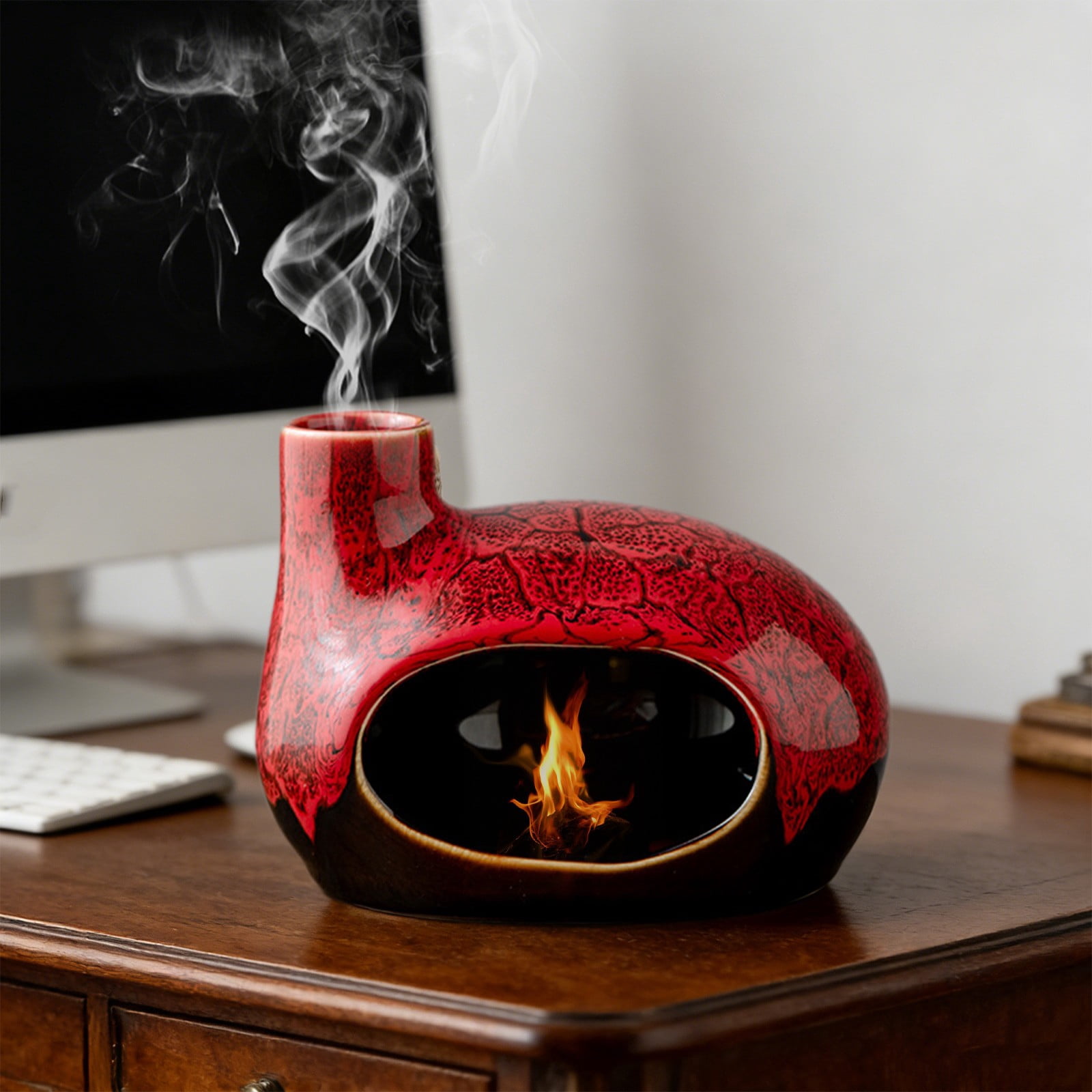 Handcrafted Ceramic House-Shaped Incense Burner with Chimney, Red Glaze Palo Santo and Sage Holder for Home Decor and Gifting