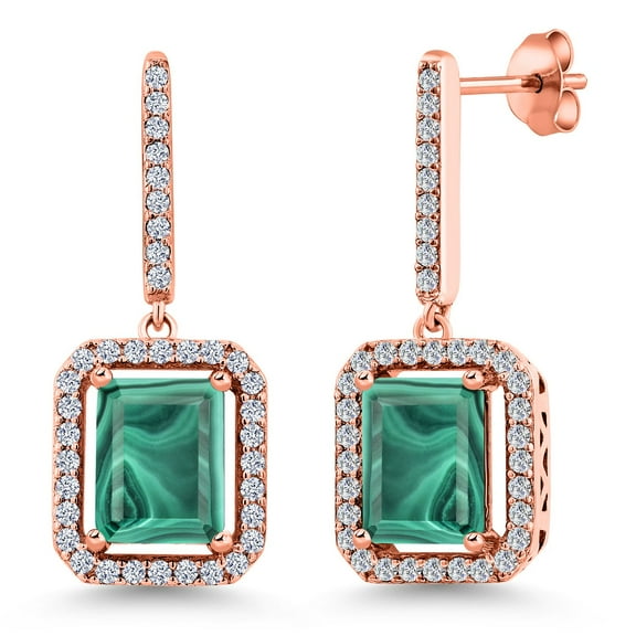 Gem Stone King 7.96 Ct Emerald Cut Green Malachite 18K Rose Gold Plated Silver Earrings
