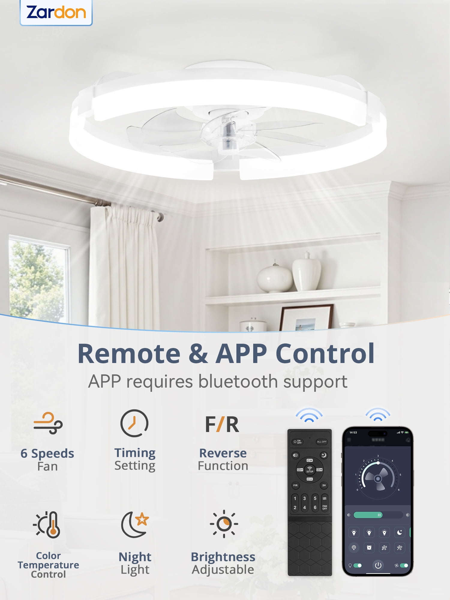 Zardon 20 inch Modern Ceiling Fan with Light and APP & Remote Control, Flush Mount Ceiling Fan, 6 Speeds, 3 Color Temperatures, Ultra Quiet DC Motor, for Bedroom, Living Room-White