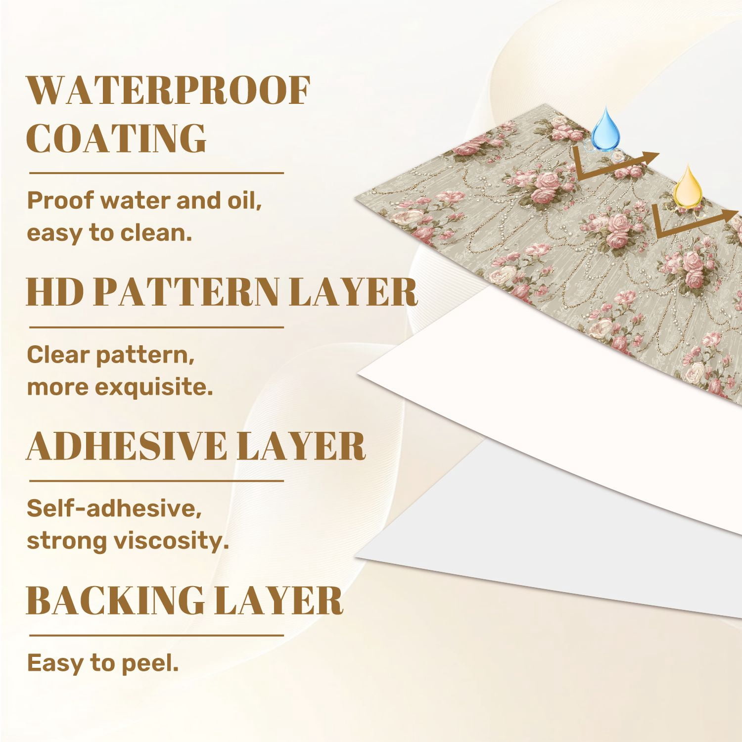 Peel and Stick Wallpaper Vintage Floral Rose Pearls Gold Accents Wall Mural 23.6in x 9.8ft Self Adhesive Removable Wall Paper Renter Friendly Wallpaper for Bedroom