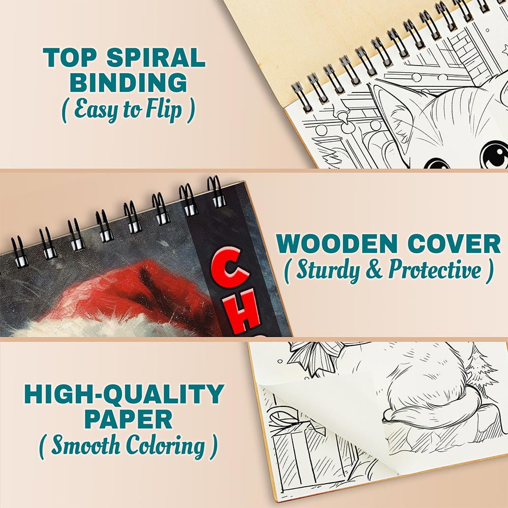 Netecom Christmas Cat Coloring Book Spiral Bound for Adults, A5 Wooden Cover, 30 Festive Coloring Pages of Adorable Cats Celebrating the Holiday Season for Stress Relief