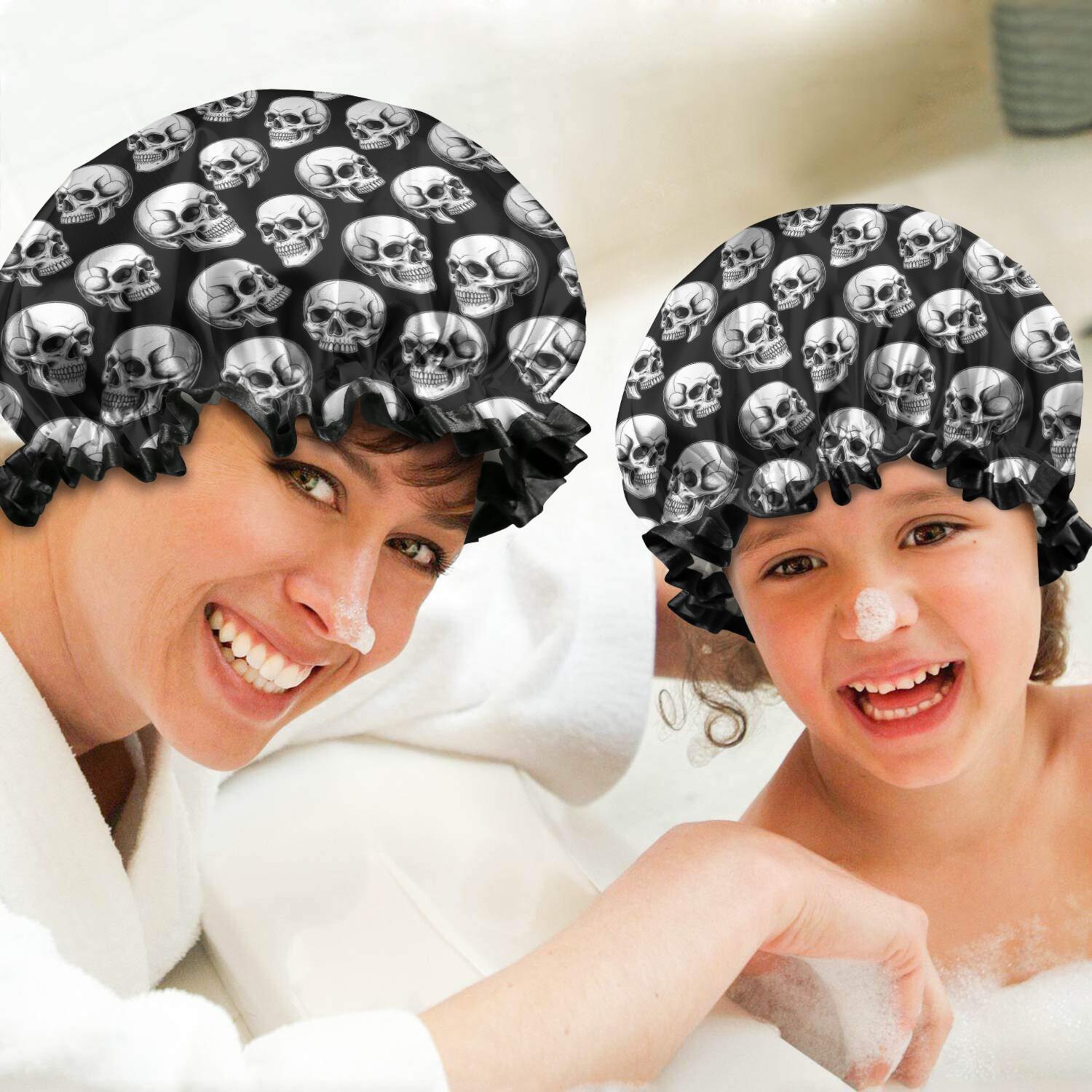 Shower Caps,Black White Skull Pattern Waterproof Shower Cap for Women 4 Pieces,Double Reusable Hair Cover for Shower PEVA Elastic Stretch Hem