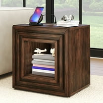 DEXTRUS End Table with Power Outlets & Drawer, Square Side Table with Storage Compartment, Walnut