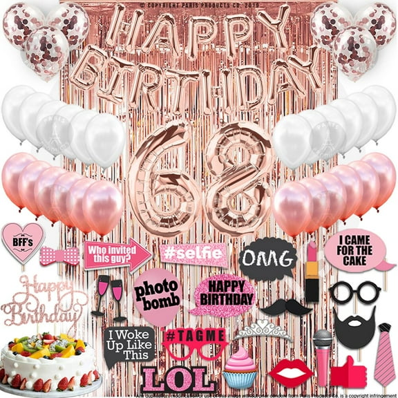 68th Birthday Decoration Rose Gold, 68 Party Supplies Decoration, 68th Sash, 68 Cake Topper, 68th Photo Props, Confetti Balloons, Curtain