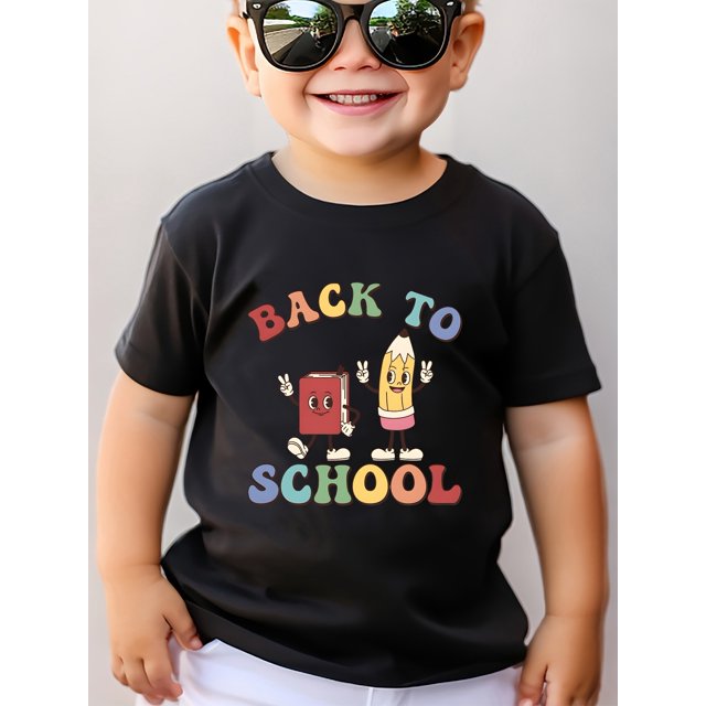 Boys' "Back to School" Cartoon Graphic T-Shirt - Red Short Sleeve Crewneck with Pencil & Book Print, Microfiber Casual Summer Top for Youngsters, School Shirts, Playful Design, Comforta