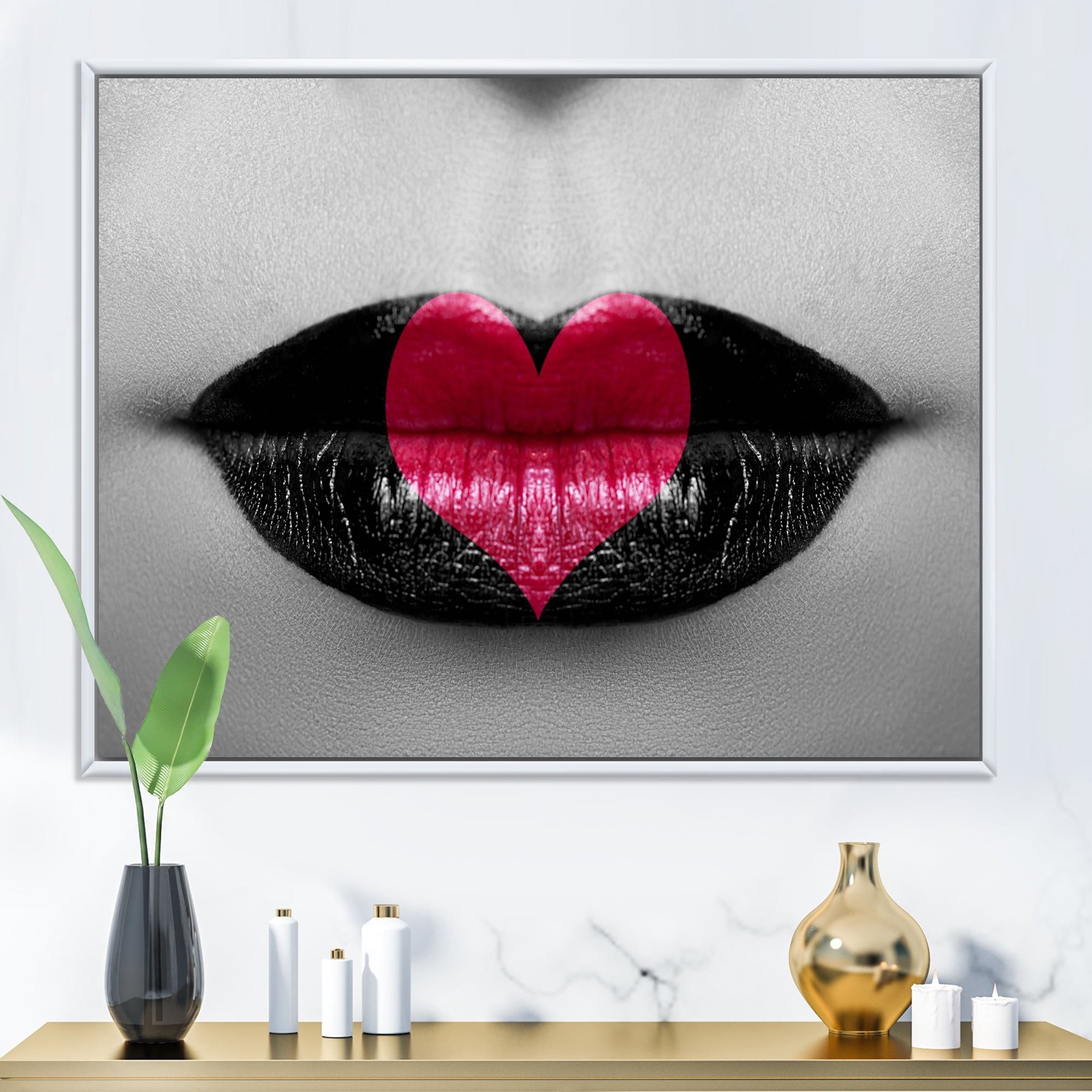 Designart 'Red Heart In Monochrome Lips' Modern Framed Canvas Wall Art Print