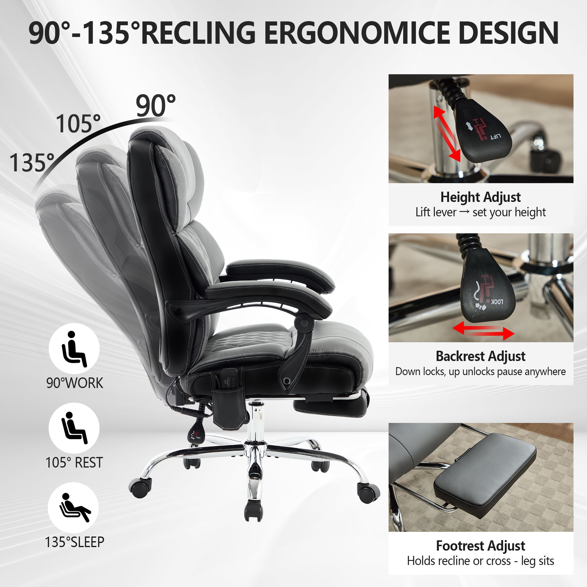 Office Chair with 6-point Vibration Massage and  Shoulder Heated,Big and Tall Office Chair, Reclining Office Chair,Gray