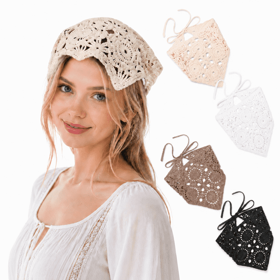 Crochet Head Scarf Bandana for Women - 4 Pack Floral Daisy Headband Vintage Hair Wrap Kerchief Head Coverings