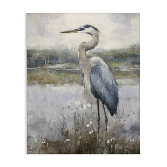 Stupell Industries Coastal Heron on Riverbank Landscape & Nature Painting Wrapped Canvas Art Print Wall Art, 16 x 20