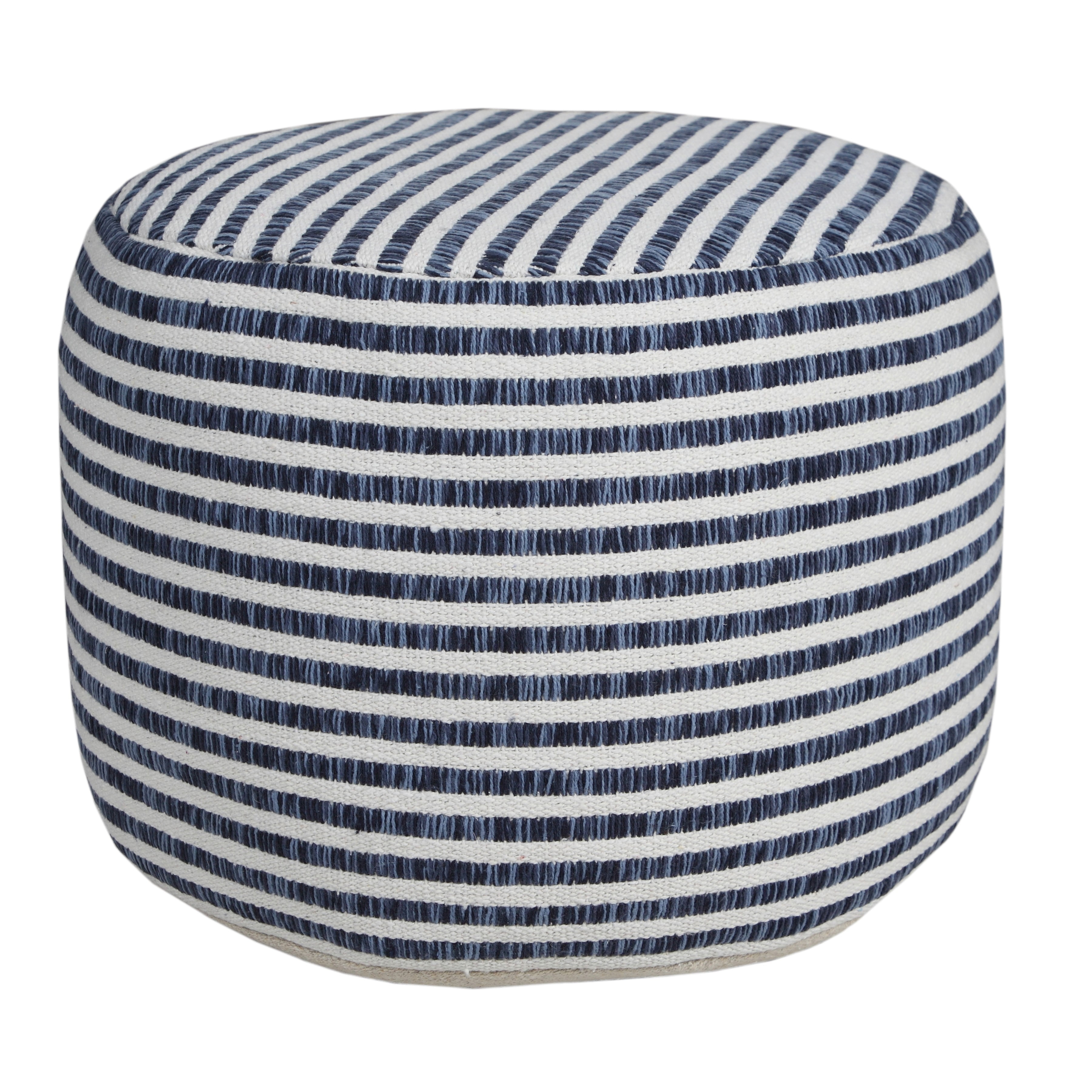 LR Home Oakley Round Blue/White Striped Indoor Small Pouf Ottoman, 14" H x 18" W