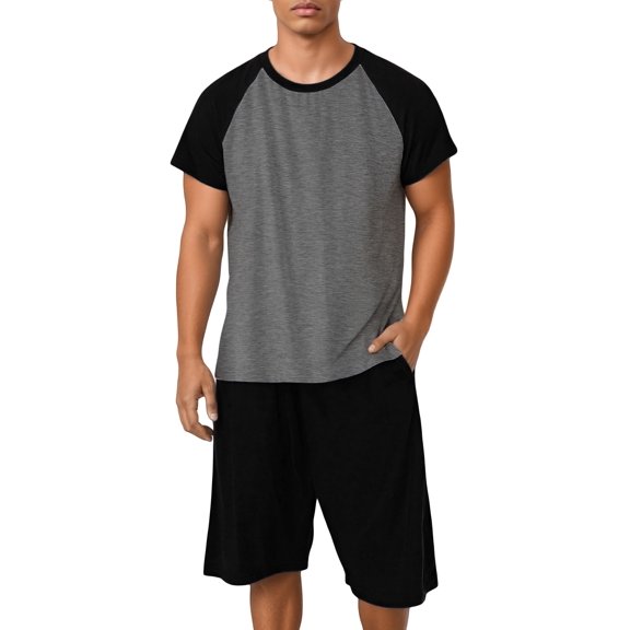 FEOYA Mens Pajama Set Summer Modal Sleepwear Crewneck Breathable Nightshirt and Pj's Shorts 2 Piece Drawstring Soft Comfy Casual Tracksuit Nightclothes Loose Loungewear L Black