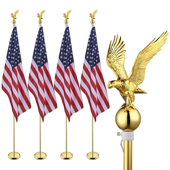 Yescom 8Ft Indoor Flag Pole Kit Eagle Topper Aluminum Gold Pole w/ Base US Flag 4 Pack