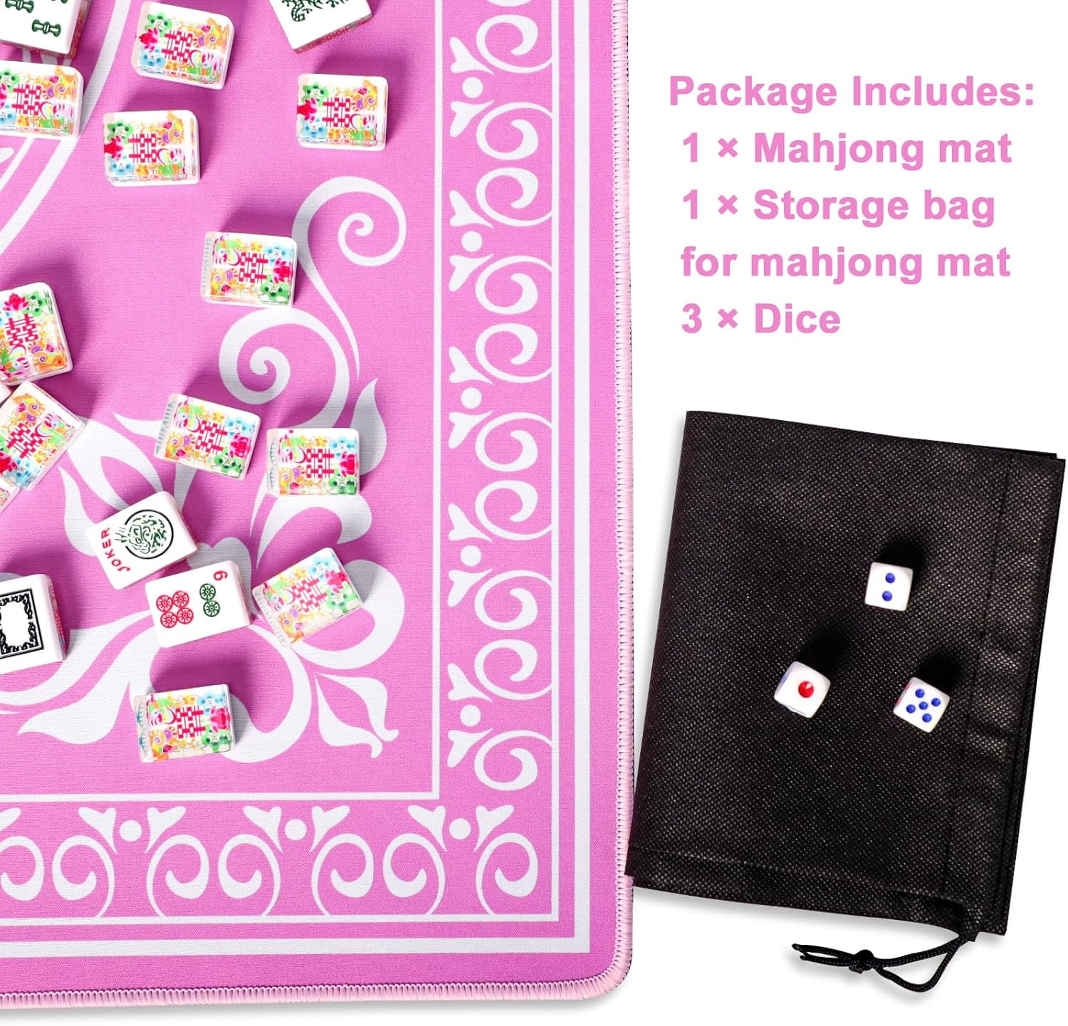 Mahjong Mat,Mahjong Table Mat with 3 Dice & Carrying Bag for Card, Board & Tile Games, Anti Slip and Noise Reduction Table Cover(Pink, 31.5 inches)