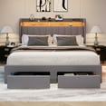 thumbnail image 3 of Amolife King Size Platform Bed Frame with 2-Tier LED Storage Velvet Wingback Headboard & 2 Storage Drawers, USB & Type-C Charging Ports, Light Grey, 3 of 9