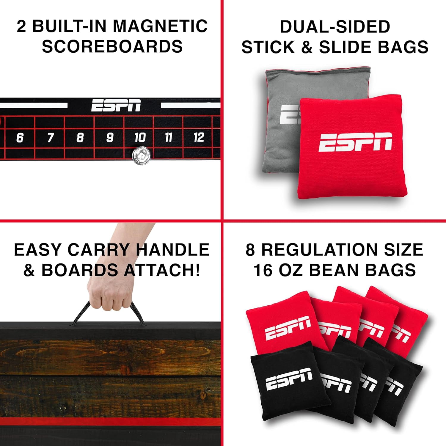 ESPN Cornhole Board Set, 2 x 3 Feet Wood Cornhole Board with 8 Cornhole Bags & Travel Case
