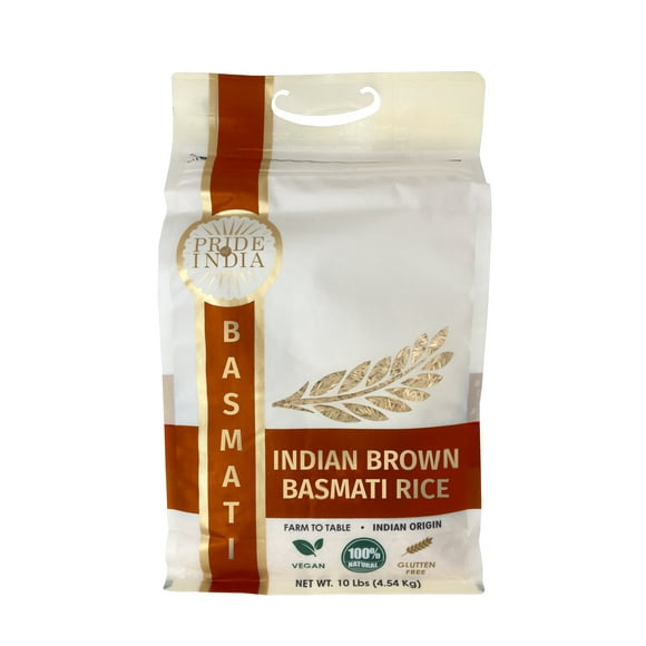Pride Of India - Extra Long Indian Premium Brown Basmati Rice, 10 Pound (4.54 Kilo) Reclosable Bag - Naturally Aromatic, Aged, Flavorful, Slender, Non Sticky Whole Grains - 100+ Servings - Great Value