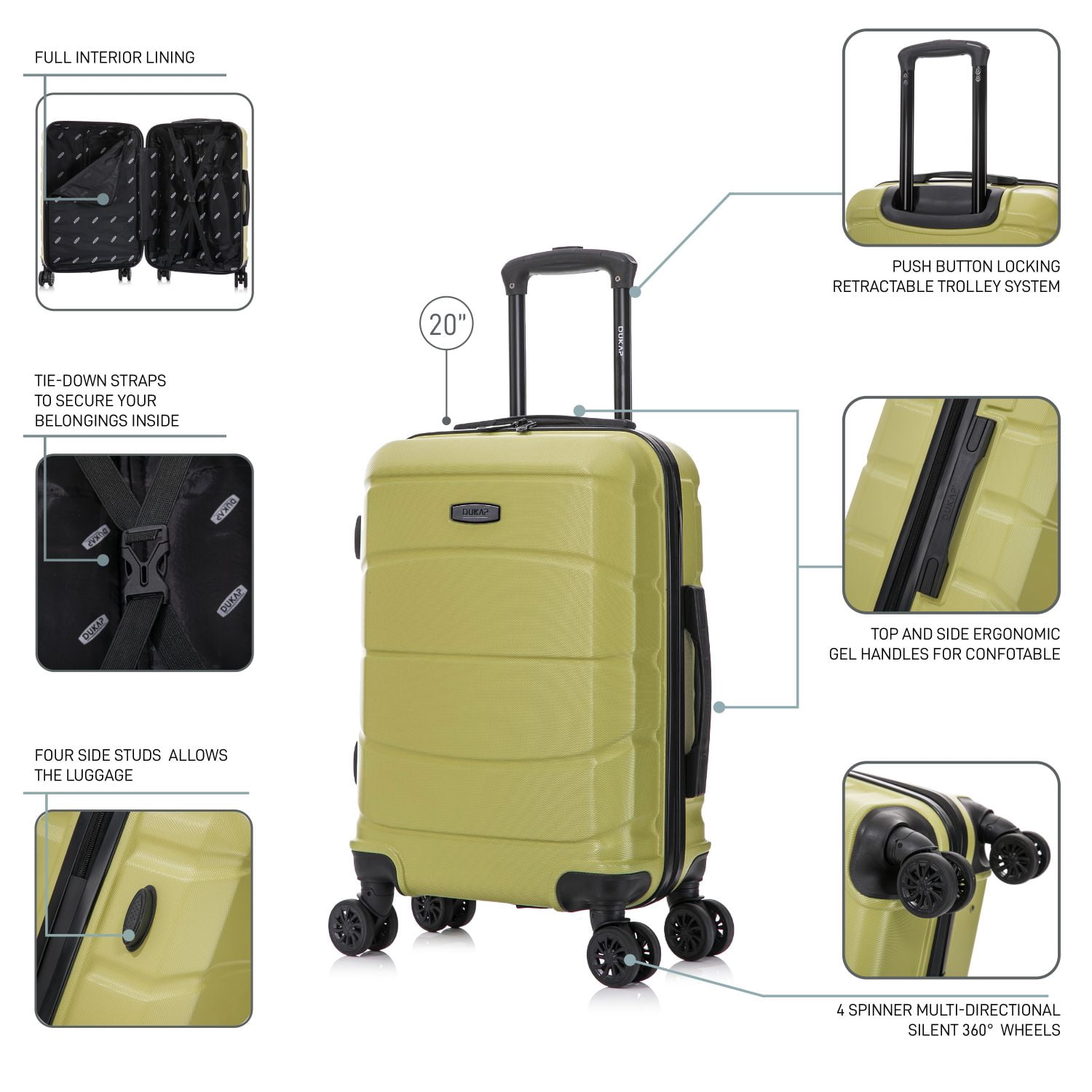 DUKAP SENSE 20" Hardside Lightweight Carry On Luggage with Spinner Wheels, Handle and Trolley, Green