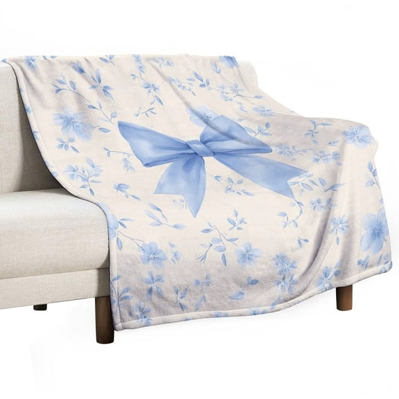Blue Floral Ribbon Pattern Throw Blanket for Women, Men - Super Soft Plush Blanket Throw Fleece Blanket Animal Blanket