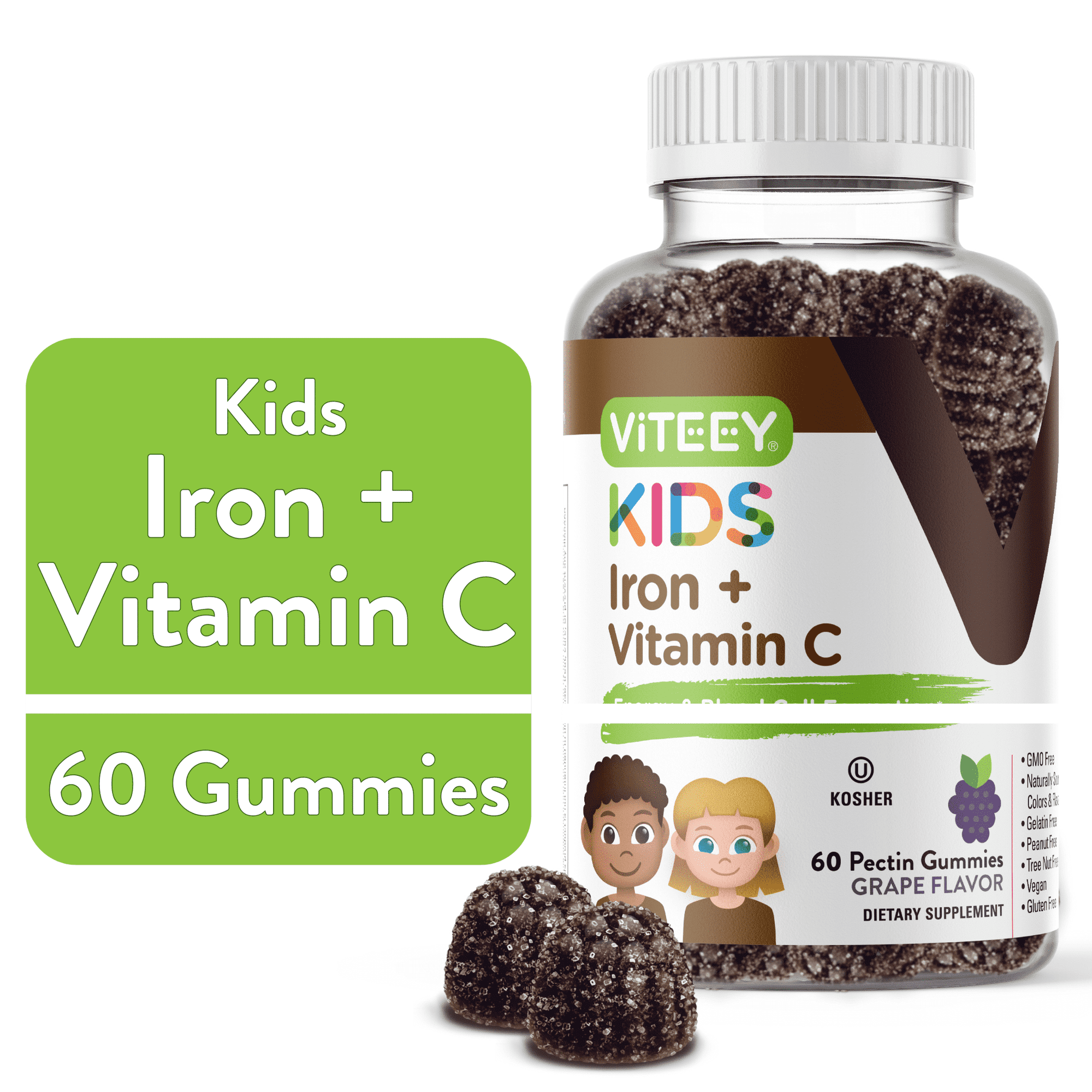 VITEEY Iron Gummies for Kids with Vitamin C, Energy & Blood Cell Formation, Grape Flavor, 60 Count, 1 Pack