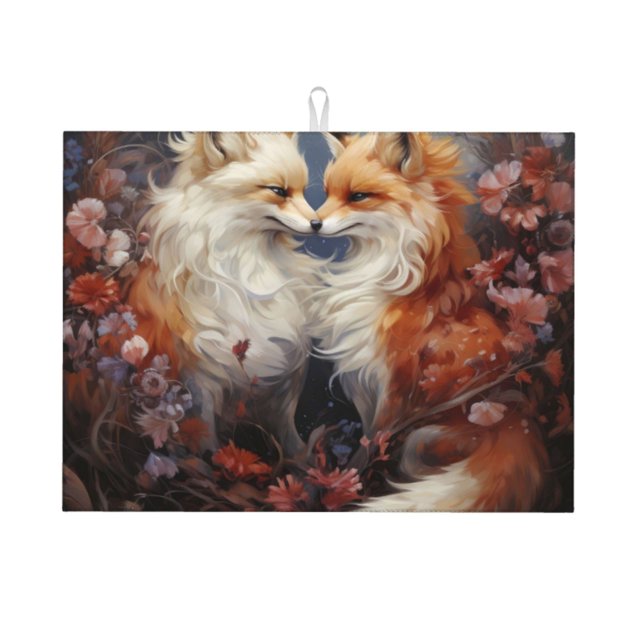 Balery Romantic Flower Fox Couple Alfombrilla de Secado para Cocina, 18x24 Pulgadas, Súper Absorbente para Platos y Encimeras