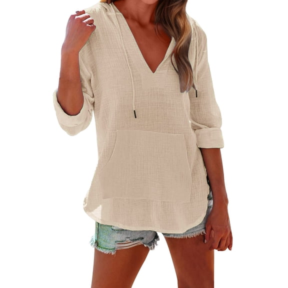 IPYUI Gauze Shirts for Women 3/4 Sleeve Beach Cover Up Long Sleeve Linen Shirt Hoodies Sweatshirt with Pocket Hooded Tops Boho Gauze Shirts Blouses for Women Plain Peasant V Neck Flowy Elegent Tops