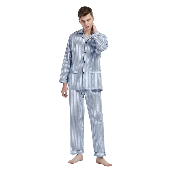 Amaxer Mens Cotton Pajama Set Cozy Button Up Sleepwear with Pockets Long Sleeve Lounge Wear Blue white Stripes XL