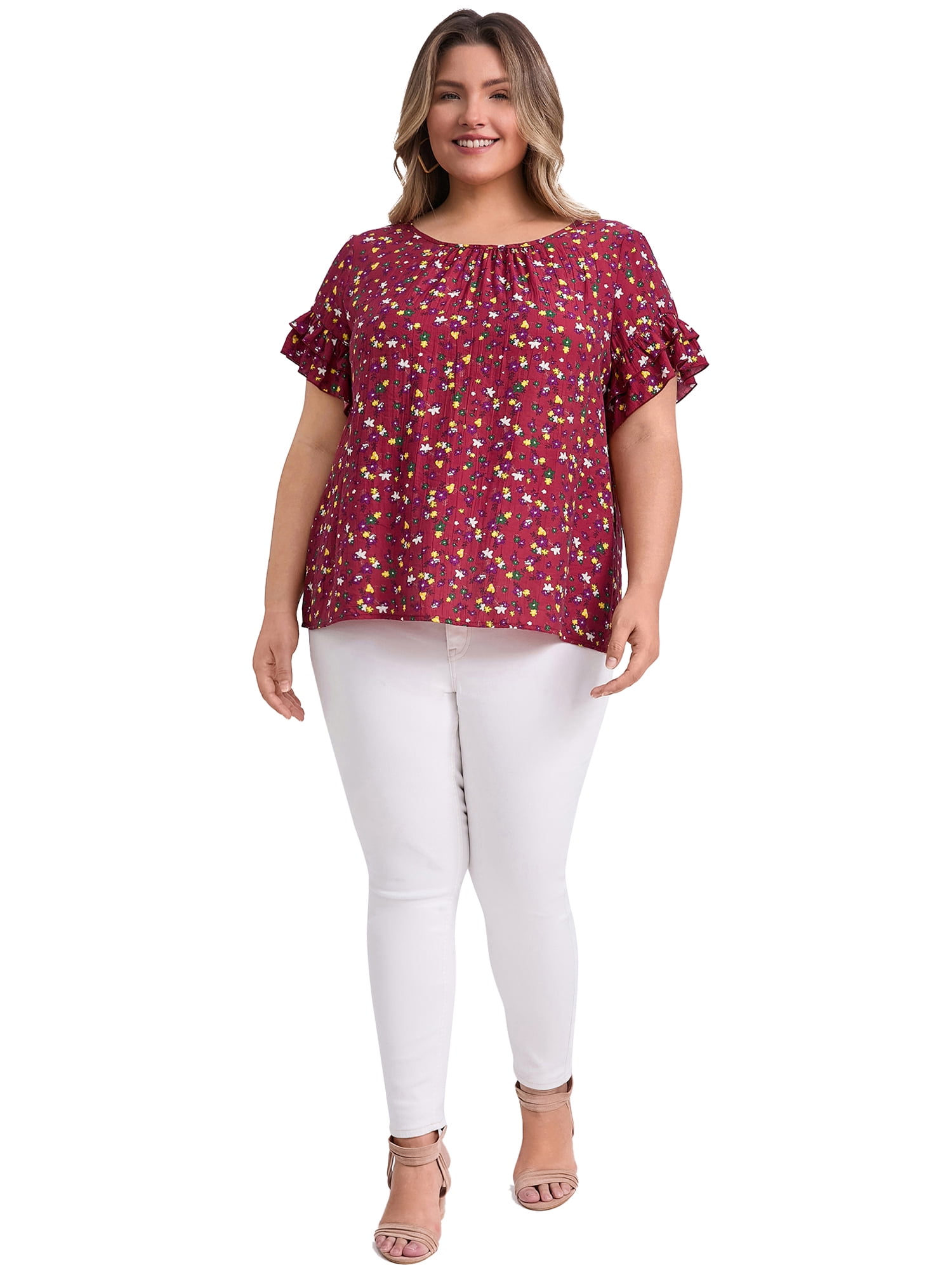 DARING DIVA Women's Plus Floral Print Ruffles Blouse 1X Red