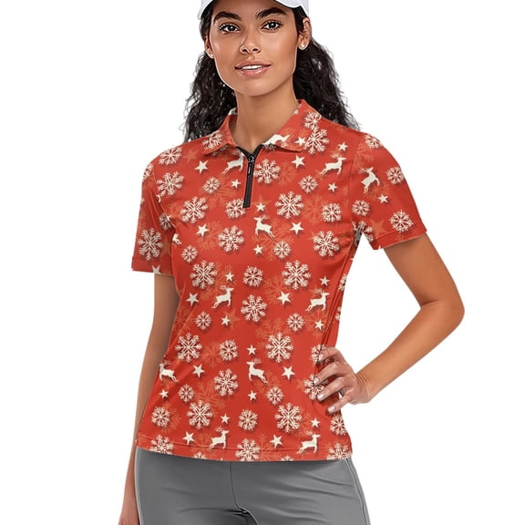 Whosucclay 1/4 Zip Tennis Shirts, Reindeer Frost Pattern Frost Polyester Moisture Wicking Lightweight Golf Short Sleeve Shirt for Bowling Hiking Fitness Size Medium