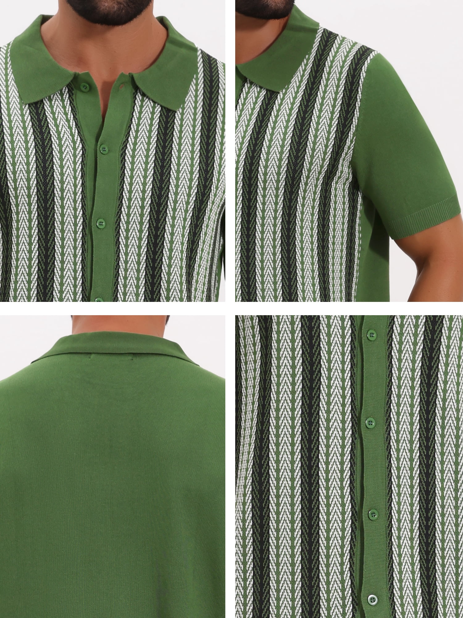 DARING DIVA Men's Striped Short Sleeves Button Down Jacquard Polo Shirts 2XL Green