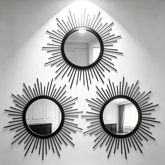 XIBUFE Black Sunburst Mirror Set of 3, 3Pcs Metal Round Decorative Wall Mirrors, Starburst Accent Mirror Wall Decor for Living Room, Entryway, Bedroom & Hallway