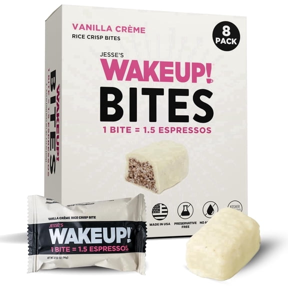 WAKE UP! Caffeinated Vanilla Creme Protein Bites - Proprietary Blend with 175mg Caffeine (1 Bite = 1.5 Espressos) – Gluten-Free, Vegetarian, Kosher – Energy Snack for Focus & Clarity – 8 Pack