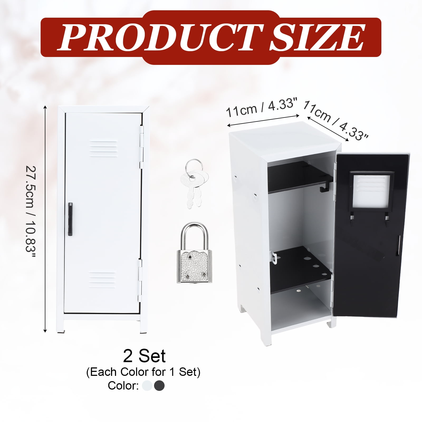 Mini Locker 4.3 x 10.8 Inch, 2 Pcs Small Locker with Lock Keys, Metal Money Safe Storage Box for Desk Bedroom, White/Black