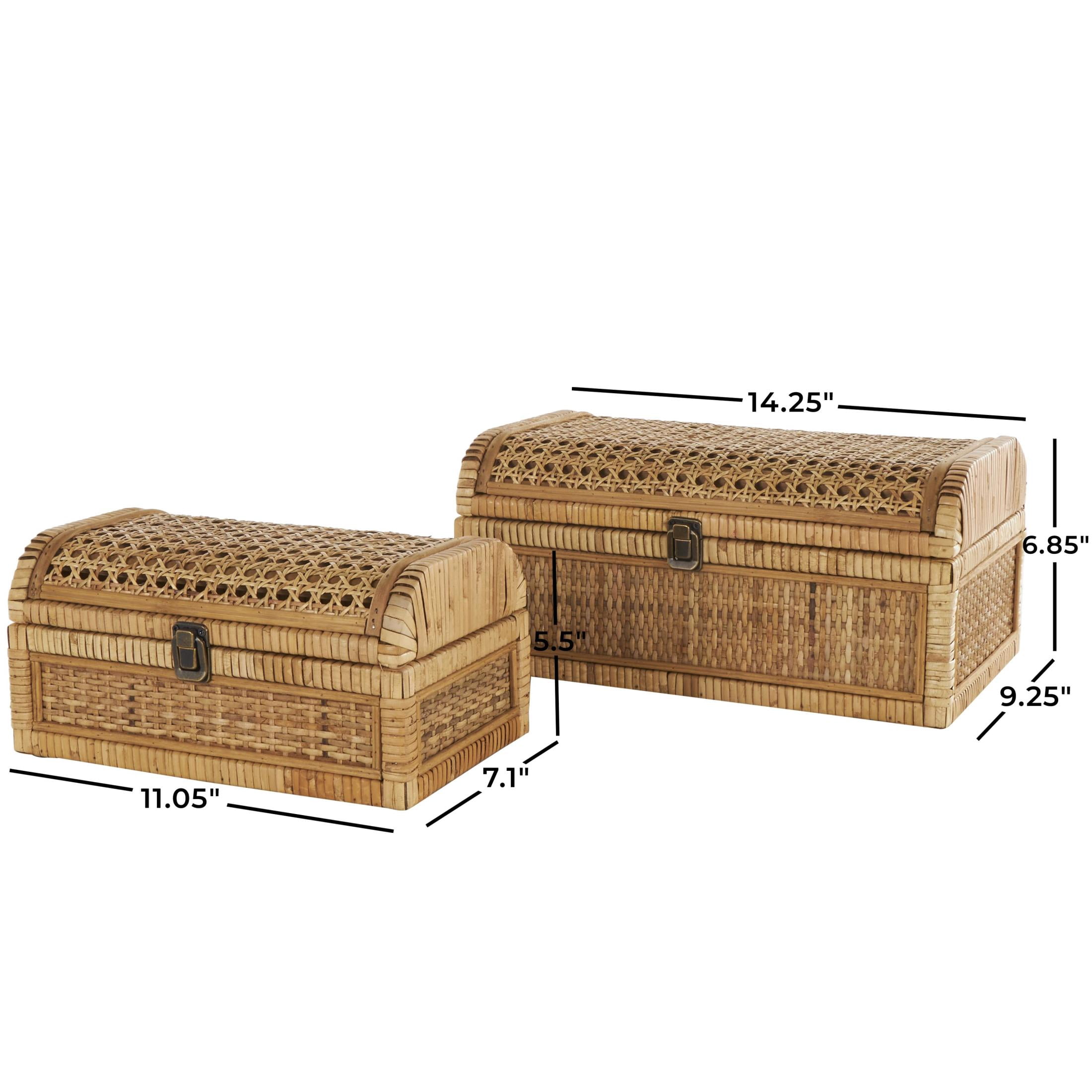 DecMode Handmade Woven Storage Brown Rattan Decorative Box with Curved Tops and Wrapped Edges, 2 Count