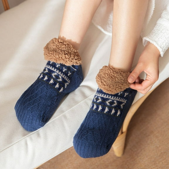 Pack of 2 Pairs Autumn and Winter Warm Floor Socks, Home Anti-Slip Socks for Women and Men, Maternity, Snow, and Sleep Socks (Blue,L)