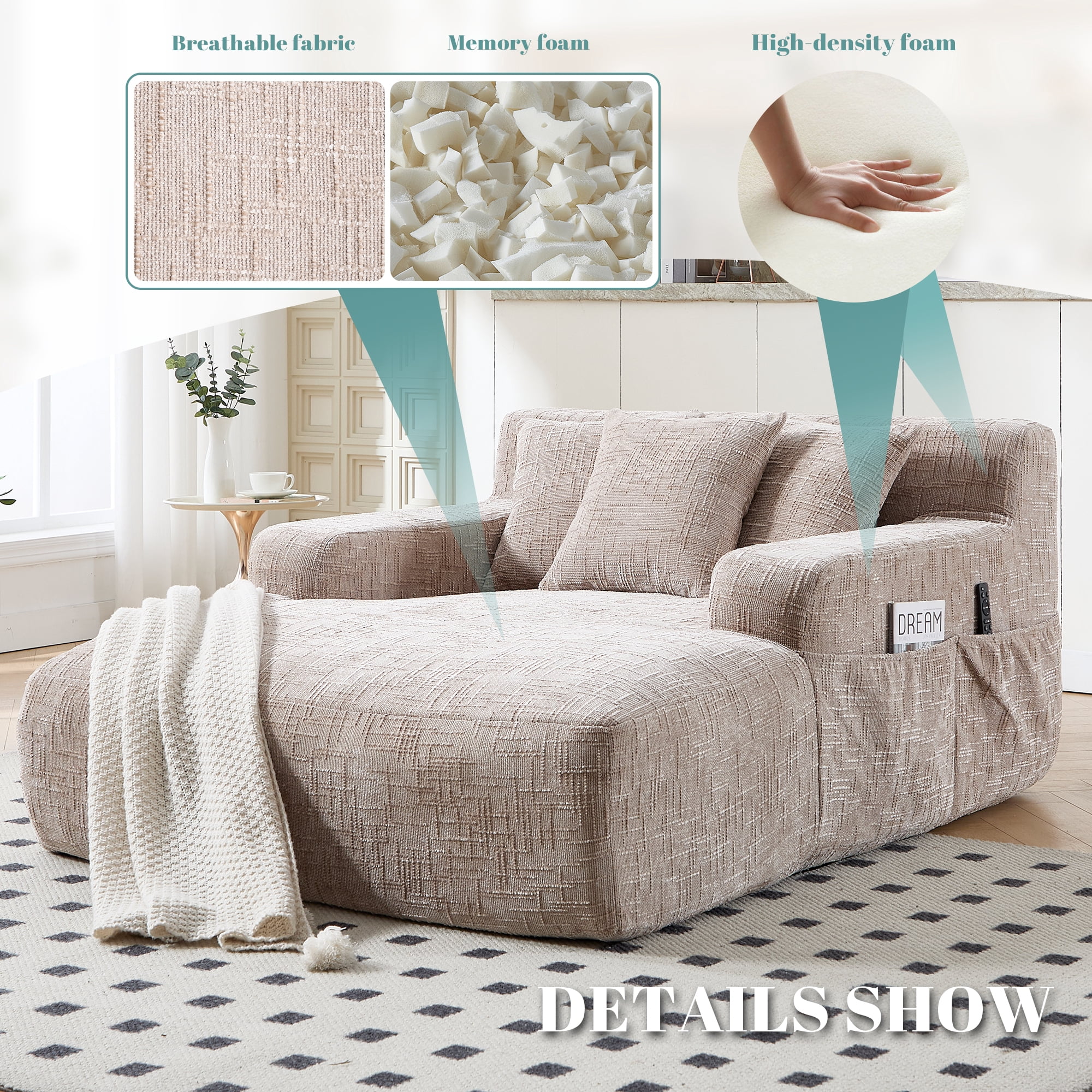MOONMISS Chenille Upholstered Deep Seat Bean Bag Lazy Sleeping Sofa Chair with Three Pillows and Side Pocket-Khaki
