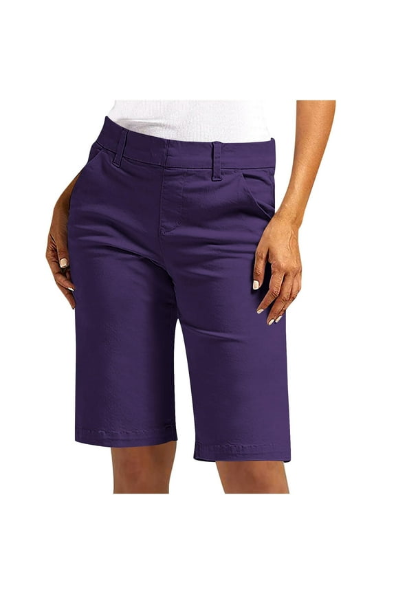 Bermuda Shorts for Women Knee Length Dressy Casual High Waisted Chino Shorts Straight Leg Hiking Vacation Long Shorts Dark Purple L