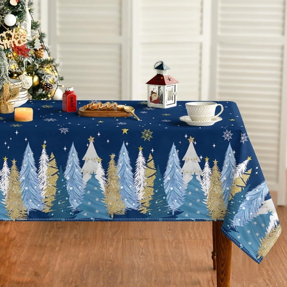 Christmas Tablecloth 60x60 Inch Square, Christmas Trees Blue Grey Washable Seasonal Table Cover for Party Picnic Dinner Decor