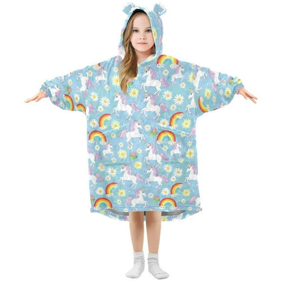 Wearable Blanket Hoodie for Kids Rainbow White Unicorn Flower Flannel Hooded Blanket with Pockets and Sleeves Suitable for Boys and Girls