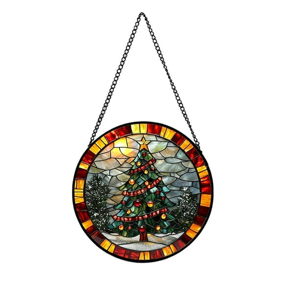 Christmas Tree Stained Glass Window Hanging, Green Christmas Tree with Colorful Lights Sun Catcher, Xmas Decoration Sun Catcher Panel Thanksgiving New Year Decor Gifts for Women Mom Nana